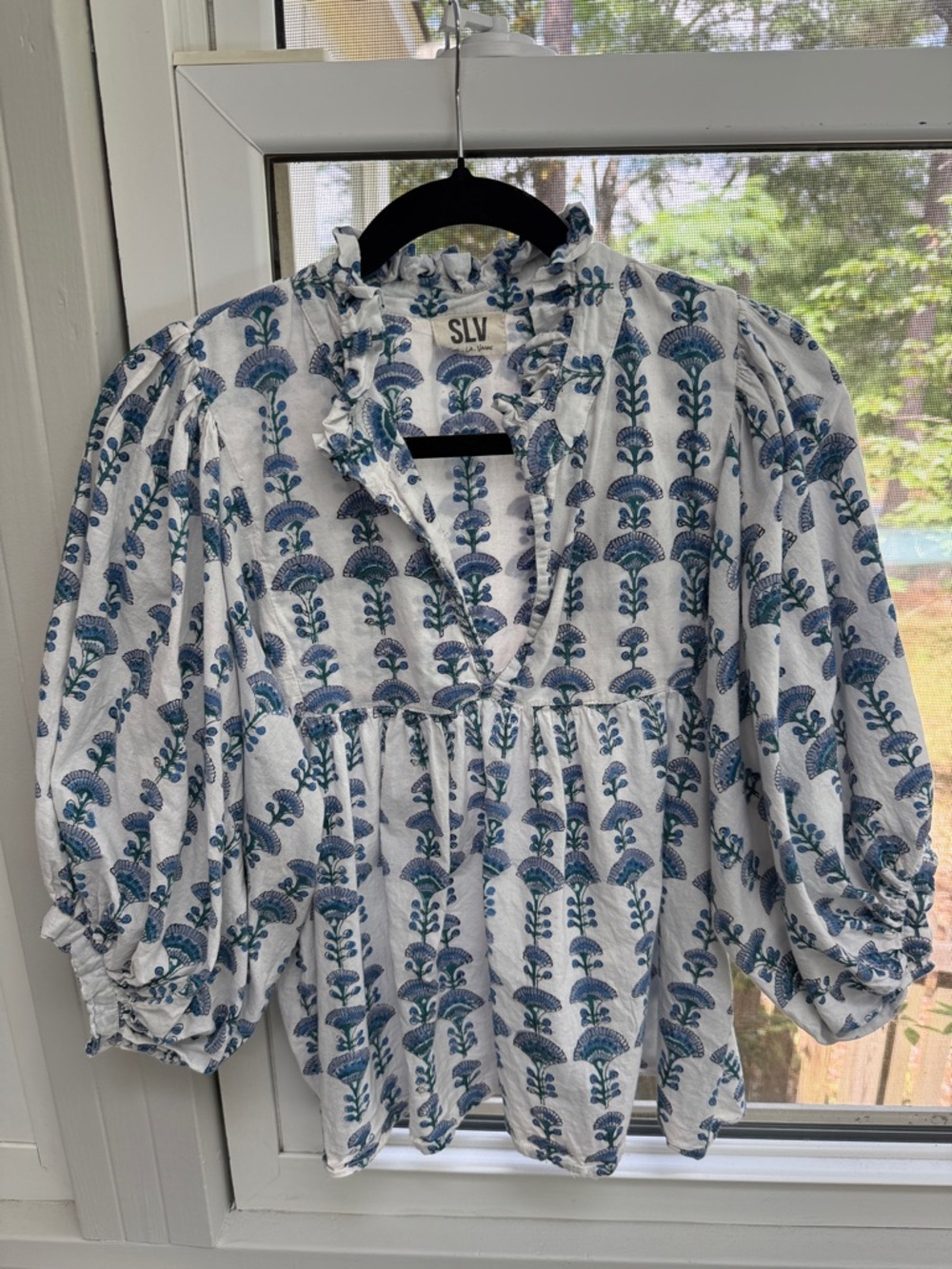 SLV Sur La Vague Blue and White Floral Block- Print Peasant Blouse Sz 2